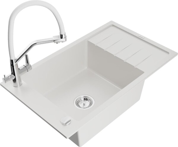 MEXEN - Elias granitový dřez s odkapávačem včetně baterie Duo, bílá 6511-20-671701-02