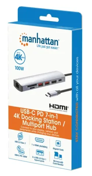 Manhattan Dokovací stanice 7-in-1 stříbrná / Dokovací stanice / USB-C / HDMI 4K 60Hz / USB-A 3.2 Gen2 / PD 100W (153966)