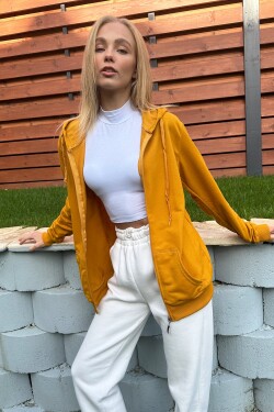 Trend Alaçatı Stili Women's Mustard Yellow Hooded Double Pocket Zipper Oversize Sweatshirt