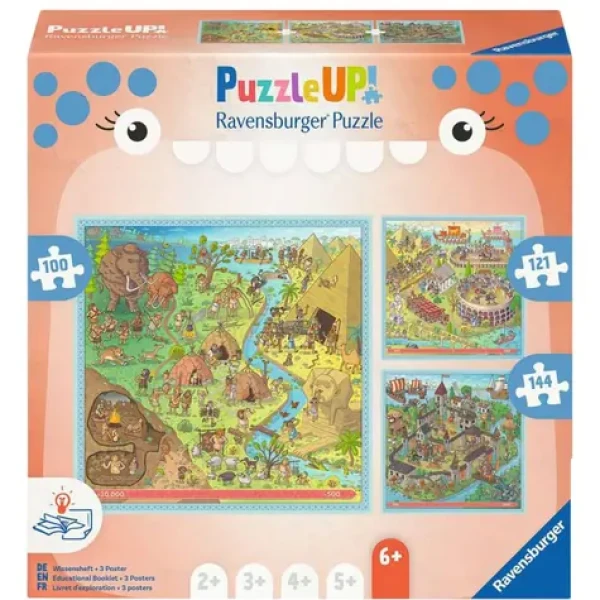 Ravensburger Puzzle UP! Historie – Doba kamenná, Starověký Řím, Středověk (100, 121 a 144 dílků)