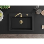 MEXEN/S - Elix granitový dřez 1-miska 700 x 500 mm, černá, sifon zlatá 6526701005-77-G