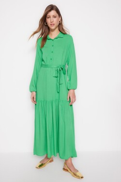 Trendyol zelené opaskové poloviční tkané šaty ze 100% viskózy