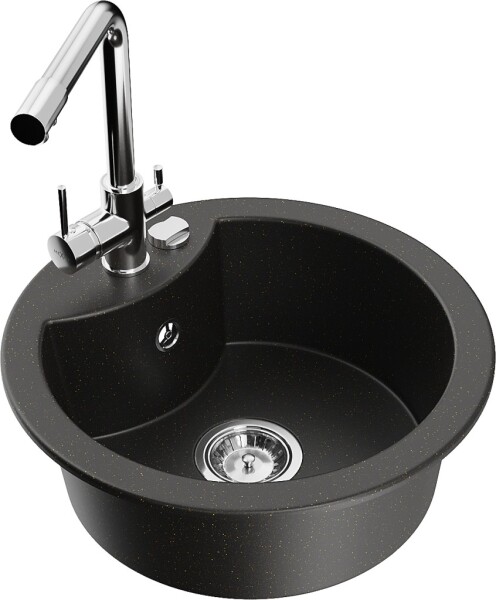 MEXEN/S - Diego granitový dřez 1-miska včetně baterie Duero, černá/zlatá metalik 6512-75-671600-00