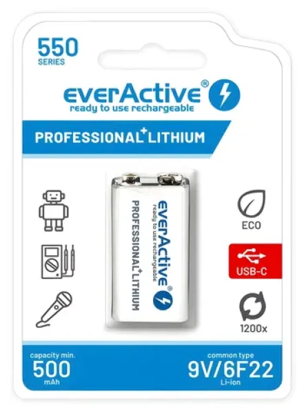 EverActive nabíjecí baterie 9V (6F22) / Baterie / Li-Ion / 550 mAh / USB-C (EVHR22-550C)