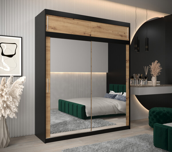 Šatní skříň Abi T3 s nástavcem Barva korpusu: Černá, Rozměry: 200 cm, Dveře: Dub-Artisan