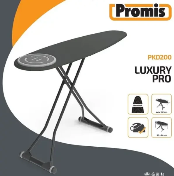 Promis LUXURY PRO / Žehlicí prkno / Oválné / Skládací / šedý potah / nastavitelná výška (PKD200)