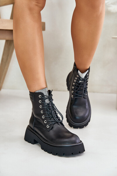 Zateplené Kožené Botky Pracovníky Pro Ženy S Krystaly GOE OO2N4125 Černé 38