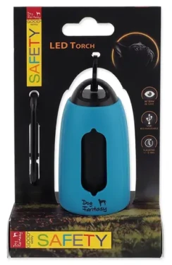 DOG FANTASY Baterka LED USB se zásobníkem na sáčky modrá / Karabina / 3 režimy svícení (454-858108)