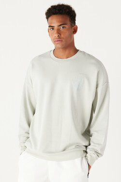 AC&Co / Altınyıldız Classics Men's Aqua Green Oversize Wide Fit Crew Neck Printed Cotton Sweatshirt