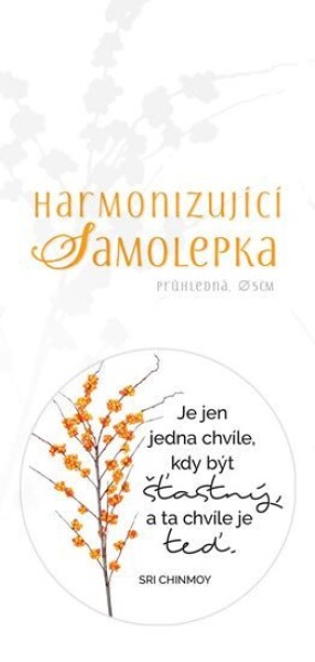 Harmonizující samolepka průhledná &quot;Je jen jedna chvíle, kdy být šťastný a ta chvíle je teď.&quot; průměr 5 cm - Sri Chinmoy