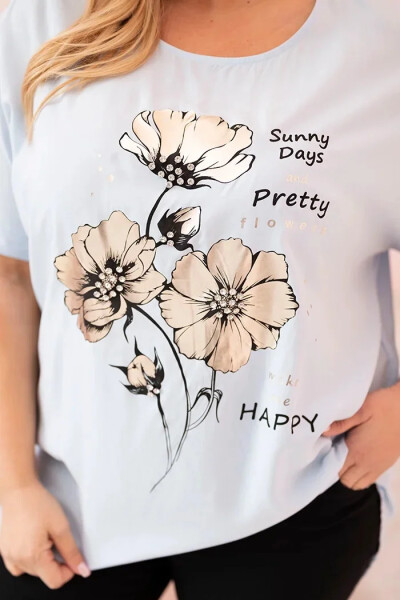 Dámská blůza Plus Size z viskózy s květinovým potiskem a nápisem modrá UNI
