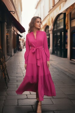 Trendyol tmavě růžové páskové velké límec knoflíkem detailní tkané šaty