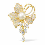 Brož s říční perlou a zirkony Jasmín - květina, Zlatá