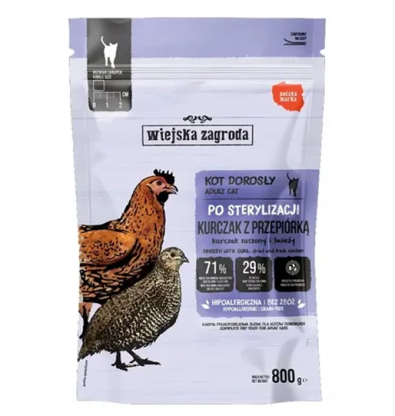 Wiejska Zagroda Sterilized kuře a křepelka 800 g / Granule pro kastrované kočky / bez obilovin (5907296762320)