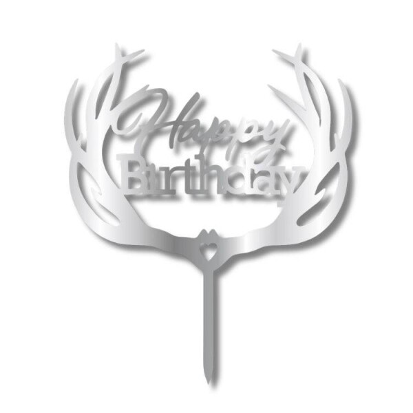 P0lastový zápich do dortu Cesil Happy Birthday s parohy stříbrný