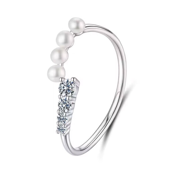 Stříbrný prsten s perlou a MOISSANITEM + CERTIFIKÁT, nastavitelná Stříbrná certifikát GRA, hadřík na čištění stříbra, dárková krabička