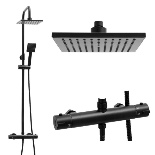Erga Flova, sprchová souprava s termostatickou baterií a dešťovou hlavicí 20x20cm, černá matná, ERG-YKA-BP.FLOVA THERM 20 BLK