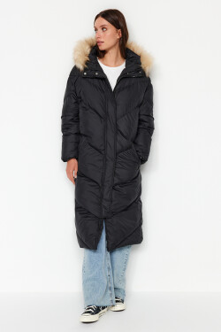 Trendyol Black Oversize kožešina kapucí vodoodpudivý péřový kabát