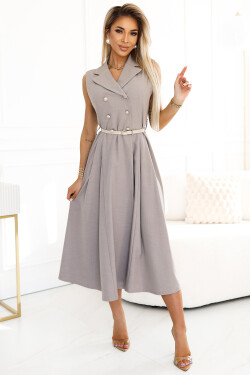 596-2 Elegantní midi košilka se zlatými knoflíky a páskem - GREY BEige UNI