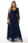 655-3 Dlouhé lehké třpytivé šaty s výstřihem a průhlednými rukávy - tmavě modré UNI