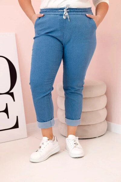 Dámské bavlněné kalhoty Plus Size s elastickým pasem a zavazováním světlý denim 4XL