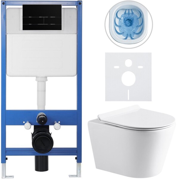 CERANO Kompletní podomítkový WC set Lite/Carlito - bílá lesklá - WC tlačítko Line, černá matná - předstěnová instalace - 48,5x36,5 cm