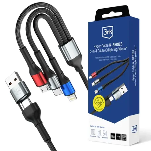 3mk Hyper Cable N-SERIES černá / Nabíjecí kabel / 6 v 1 / USB-A+C na C+Lightning+Micro / 1,2 m / QC 3.0 18W (5903108685252)