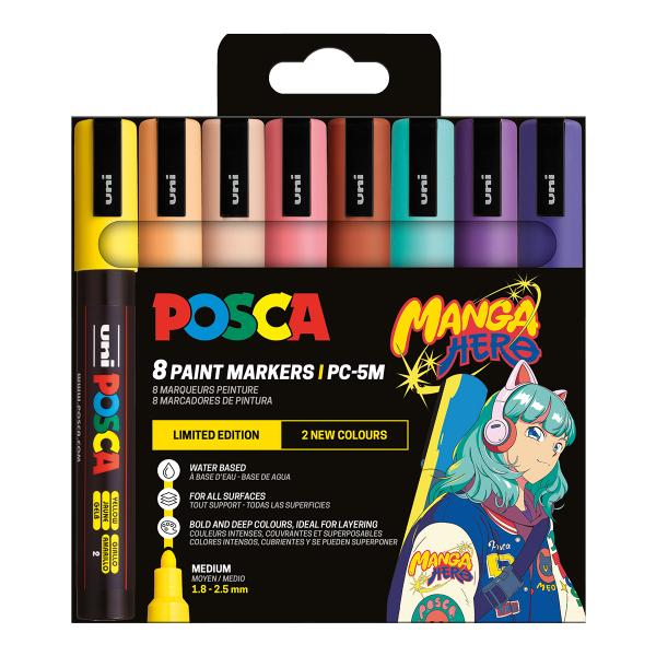 Posca sada popisovačů PC-5M, Manga Hero - Limitovaná edice, 1,8 - 2,5 mm, mix barev (8 ks)
