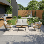 Zahradní set 1+1+2, stůl 90x48, židle a dvojsedačka, přírodní umělý ratan, kov antracit, světle šedá látka