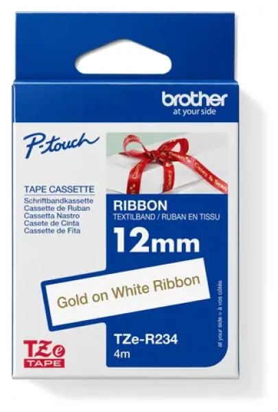Brother TZE-R234 / Textilní stuha / zlatý tisk na bílém podkladu / 12 mm / 4 m (TZER234)