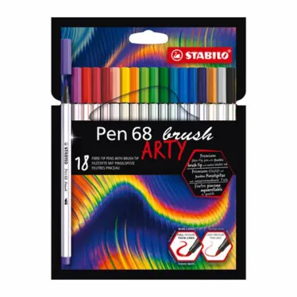 STABILO® Pen 68 brush - ARTY - 18 ks sada - 18 různých barev (568/18-21-20)