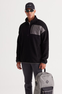 AC&Co Altınyıldız Classics Men's Black Oversize Wide Cut High Bato Collar Pocket Detailed Zippered Cold Proof Fleece Sweatshirt