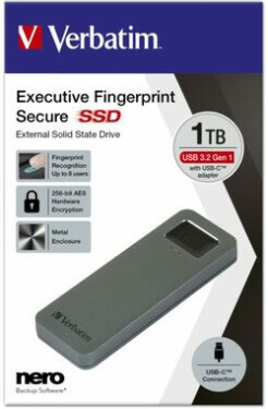 Verbatim SSD Executive Fingerprint Secure 1TB šedá / Externí SDD / USB 3.2 Gen.1 / čtení:344 MBs / zápis: 356MBs (53657)