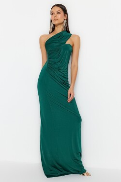 Trendyol Smaragdově zelené řasení na jedno rameno Detailní večerní šaty