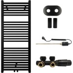 CERANO Koupelnový radiátorový set Lincoln - kombinované výtápění, termo tyč - středové připojení 50 mm - 300W - černá matná - 1200x500 mm