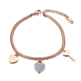 Ocelový náramek Leah Gold - srdce, klíč, Zlatá 16 cm + 4 cm (prodloužení)