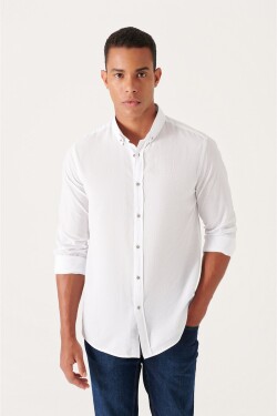 Avva Men's White 100% Cotton Thin Soft Touch Buttoned Collar Long Sleeve Regular Fit Shirt