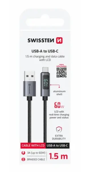 SWISSTEN Kabel USB-A na USB-C s LCD displejem 1.5m černá / 60W / USB-A (M) / USB-C (M) (71551072)