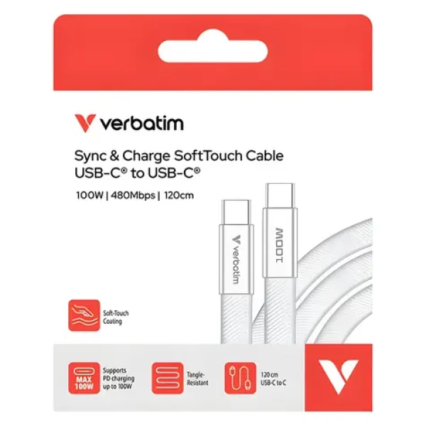Verbatim 30277 SoftTouch USB-C kabel 1.2m bílá / USB-C(M) / USB-C(M) / 100 W / PD 3.0 (30277)