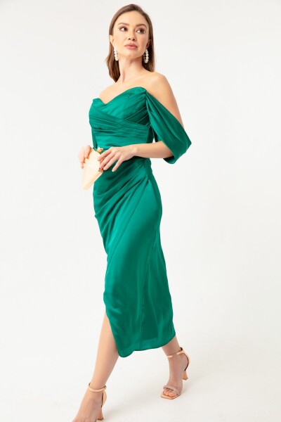 Lafaba Women's Emerald Green Boat Neck Draped Midi Evening Dress