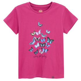 Tričko s krátkým rukávem a potiskem motýlů- tmavě růžové - 140 PINK