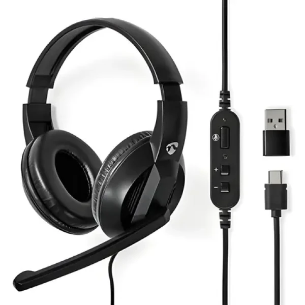 Nedis CHSTU210BK černá / Sluchátka s mikrofonem / Přes hlavu / USB-C / Délka kabelu 1,8 m (CHSTU210BK)