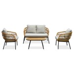 Zahradní set 1+1+2, stůl 90x48, židle a dvojsedačka, přírodní umělý ratan, kov antracit, světle šedá látka