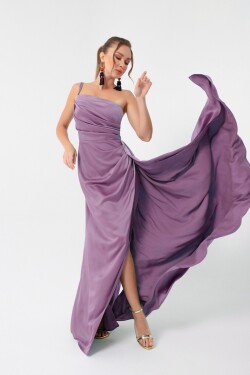 Lafaba Dámské levandulové saténové večerní šaty na jedno rameno promoční šaty