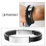 Pánský náramek Luca Black z pravé kůže a chirurgické oceli, Černá 21 cm - 22,5 cm (nastavitelná)