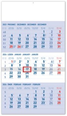 Nástěnný kalendář Presco Group 2024 - 3měsíční standard modrý – s českými jmény, 29,5 × 43 cm