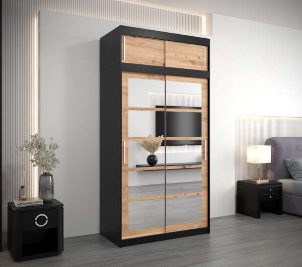 Šatní skříň Abi Ro2 s nástavcem Barva korpusu: Černá, Rozměry: 100 cm, Dveře: Dub artisan