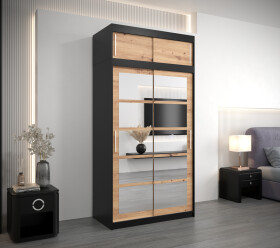 Šatní skříň Abi Ro2 s nástavcem Barva korpusu: Černá, Rozměry: 100 cm, Dveře: Dub artisan