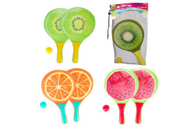 Sada na plážový tenis ovoce dřevěné 38cm 2 pálky + 1 míček 3 druhy v látkovém sáčku