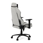 Herní křeslo, stříbrná látka, houpací mechanismus, polohování opěradla 90°-180°, 3D područky, polštáře z paměťové pěny,